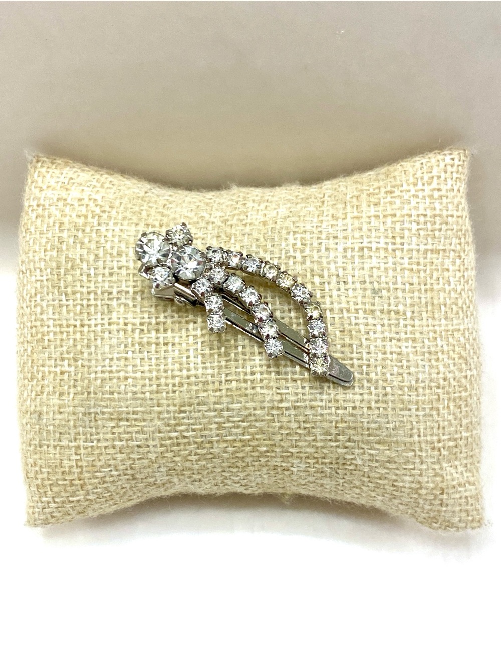 Vintage Rhinestone Silver-Tone Floral Hair Clip - Sparkling Clear Crystals